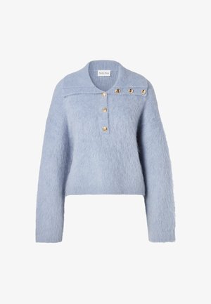 Light blue fuzzy knit sweater with a polo collar, featuring four gold-tone buttons at the placket and a boxy silhouette.