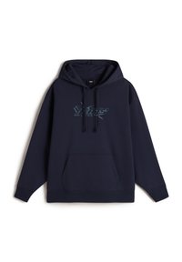 Sweatshirt à capuche bleu marine avec poche avant, cordon de serrage pour la capuche et un logo graphique en bleu clair sur la poitrine. Tissu doux en mélange de coton.