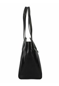 Borsa a mano nera in pelle con forma strutturata, dotata di due spallacci sottili e texture liscia e lucida.