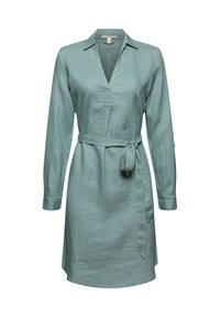 Robe en lin vert clair avec col, manches longues et design portefeuille. Comporte une ceinture à nouer à la taille et une patte de boutonnage avec une fente à l'avant.
