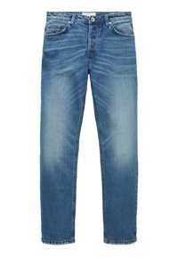 Blugi din denim albastru deschis cu o croială drept, având cinci buzunare, închidere cu nasture și o ușoară decolorare pe coapse.