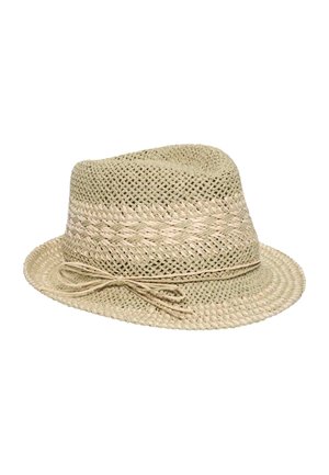 Light beige woven straw fedora hat with a braided band and bow around the base of the crown.