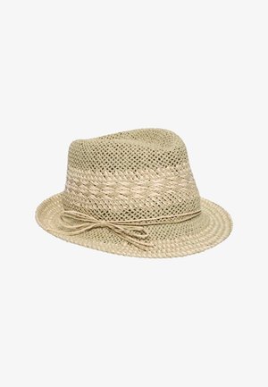 Light beige woven straw fedora hat with a braided band and bow around the base of the crown.