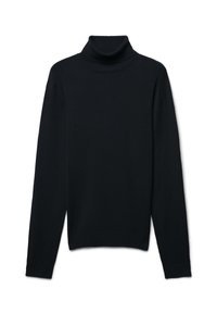 Maglione girocollo nero realizzato in morbido materiale a maglia. Dotato di un colletto aderente, maniche lunghe e una superficie liscia senza fantasie.