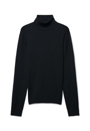 Schwarzer Rollkragenpullover aus weichem Strickmaterial. Verfügt über einen taillierten Kragen, lange Ärmel und eine glatte Textur ohne Muster.