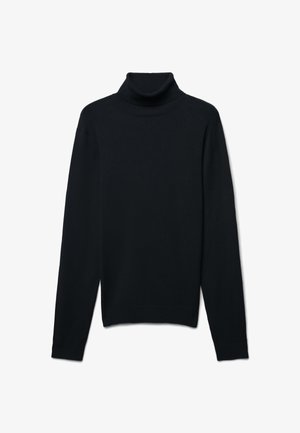 Schwarzer Rollkragenpullover aus weichem Strickmaterial. Verfügt über einen taillierten Kragen, lange Ärmel und eine glatte Textur ohne Muster.