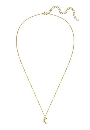 Collier délicat en chaîne d'or avec un petit pendentif en forme de croissant de lune, fermoir réglable avec chaîne d'extension et une pierre précieuse unique.