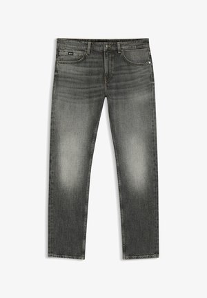 Men's slim-fit grey faded jeans with front button, zipper, belt loops, and BOSS logo on right pocket against white background.