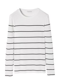 Langarm, weißes Rippenshirt mit horizontalen schwarzen Streifen. Verfügt über einen runden Ausschnitt und eine taillierte Passform.
