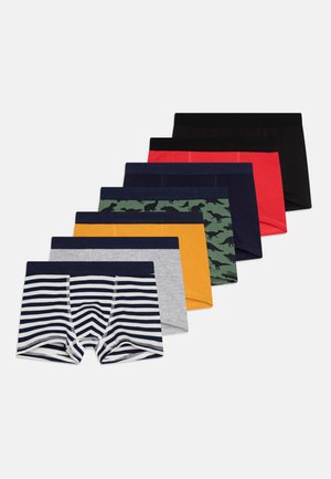 Otto paia di boxer per ragazzi con vari colori e motivi: righe, colori solidi e stampe di dinosauri; tessuto morbido, cinturini elastici.