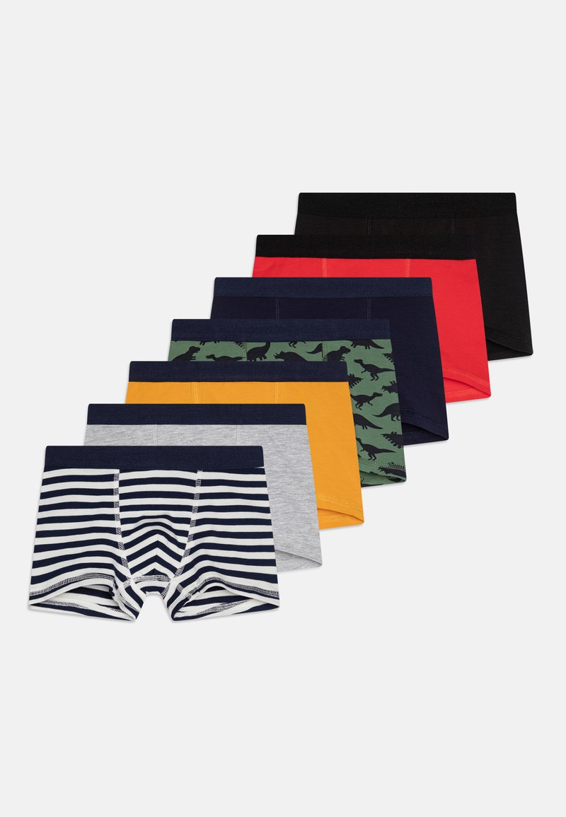 Åtte par med gutteboxerbriefs i ulike farger og mønstre: striper, ensfargede og dinosaur-mønstre; myk fabrikk, elastiske midjebånd.