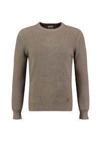 Beżowy sweter wykonany na drutach z okrągłym dekoltem, długimi rękawami i ściągaczami. Posiada strukturalny wzór oraz małą skórzaną naszywkę z logo.