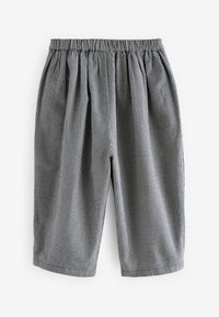Czarno-białe szorty w wzór houndstooth, z elastycznym pasem, sięgające do kolan, z luźnym krojem i gładką teksturą.