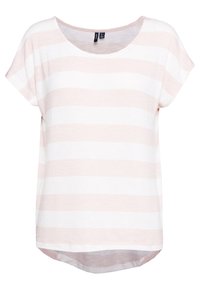 Short-sleeve top with a round neckline, featuring alternating light pink and white horizontal stripes, and a curved hemline.