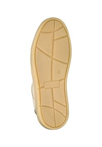 Schuhsohle aus Gummi, in einem glatten beigen Farbton, mit einem strukturierten, multidirektionalen Traktionsmuster und definierten Rillen.