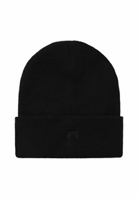 Berretto di maglia nera con risvolto. Presenta un tessuto morbido e testurizzato e un piccolo logo in rilievo sul risvolto. Design semplice e versatile.