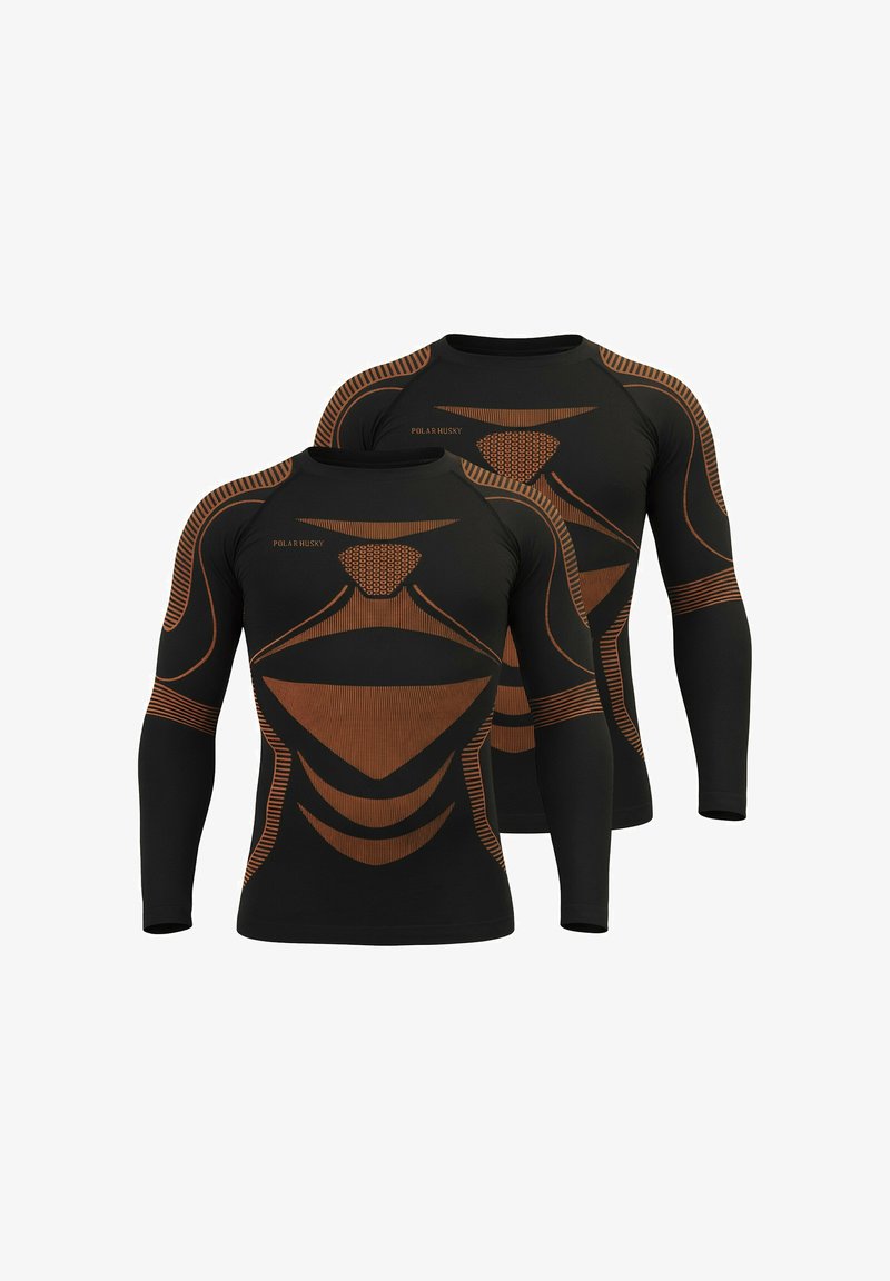 Two long-sleeve athletic shirts in black with orange geometric patterns. Made of stretchy, moisture-wicking material for active wear.