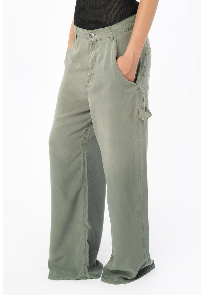 Wide-leg pants in light olive green cotton blend, featuring side pockets, stitched detailing, and a button closure at the waist.