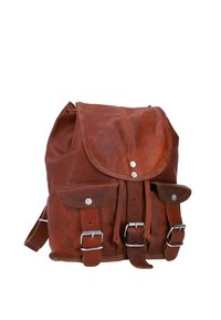 Brown leather backpack featuring a drawstring closure, flap, and three exterior pockets with metal buckles and accents. Textured surface.