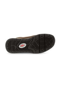 Brown suede shoe sole with a textured black rubber outsole; features circular grips and a logo in an oval shape.