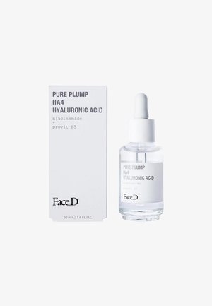 Bottiglia contagocce in vetro trasparente con etichetta bianca che riporta la scritta "Pure Plump HA4 Acido Ialuronico", inclusa una scatola bianca con design minimalista.