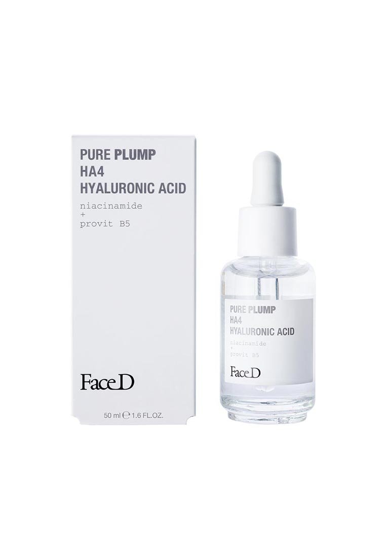 Bottiglia contagocce in vetro trasparente con etichetta bianca che riporta la scritta "Pure Plump HA4 Acido Ialuronico", inclusa una scatola bianca con design minimalista.