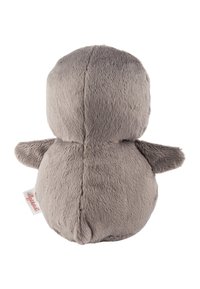 Gray plush penguin toy with a rounded body, short wings, and a soft, textured surface. Features a small tag on the bottom.