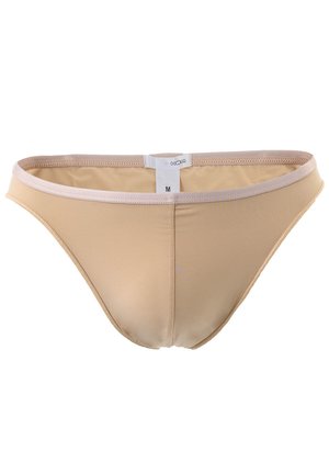 Sous-vêtements beiges avec une texture lisse, un design taille basse et sans motifs visibles. Équipés d'une ceinture élastique contrastante. Étiquette de taille visible.
