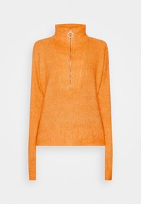Long-sleeve orange knit sweater with a high collar and front zipper with a circular pull tab.