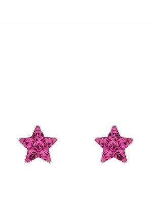 Pendientes en forma de estrella de color rosa adornados con múltiples pequeños cristales rosa brillantes, montados en una base de tono plateado.