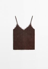 Brown lace camisole top with thin spaghetti straps and scalloped trim along the V-neckline, laid flat on a white background.