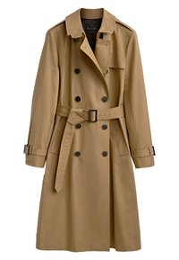 Beige trench coat made of lightweight fabric, featuring a double-breasted design, belted waist, shoulder epaulets, and adjustable cuffs.
