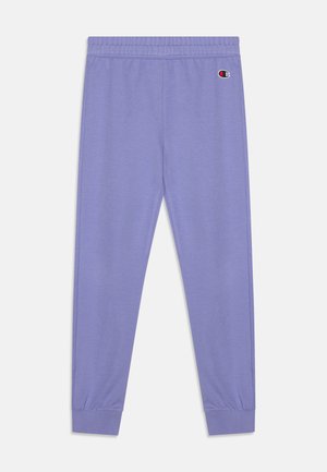 Lila sweatpants van zacht materiaal, met een elastische tailleband en boorden, en een klein logo accent aan de zijkant.
