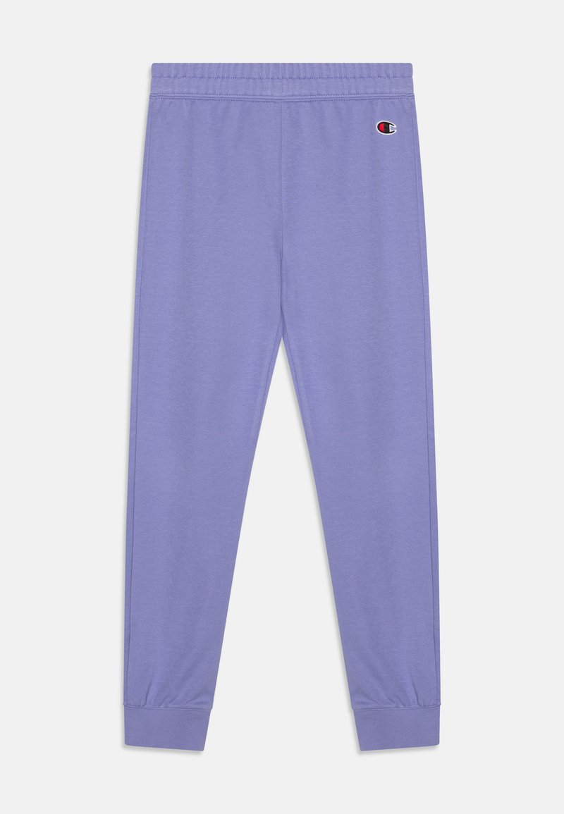 Lila sweatpants van zacht materiaal, met een elastische tailleband en boorden, en een klein logo accent aan de zijkant.