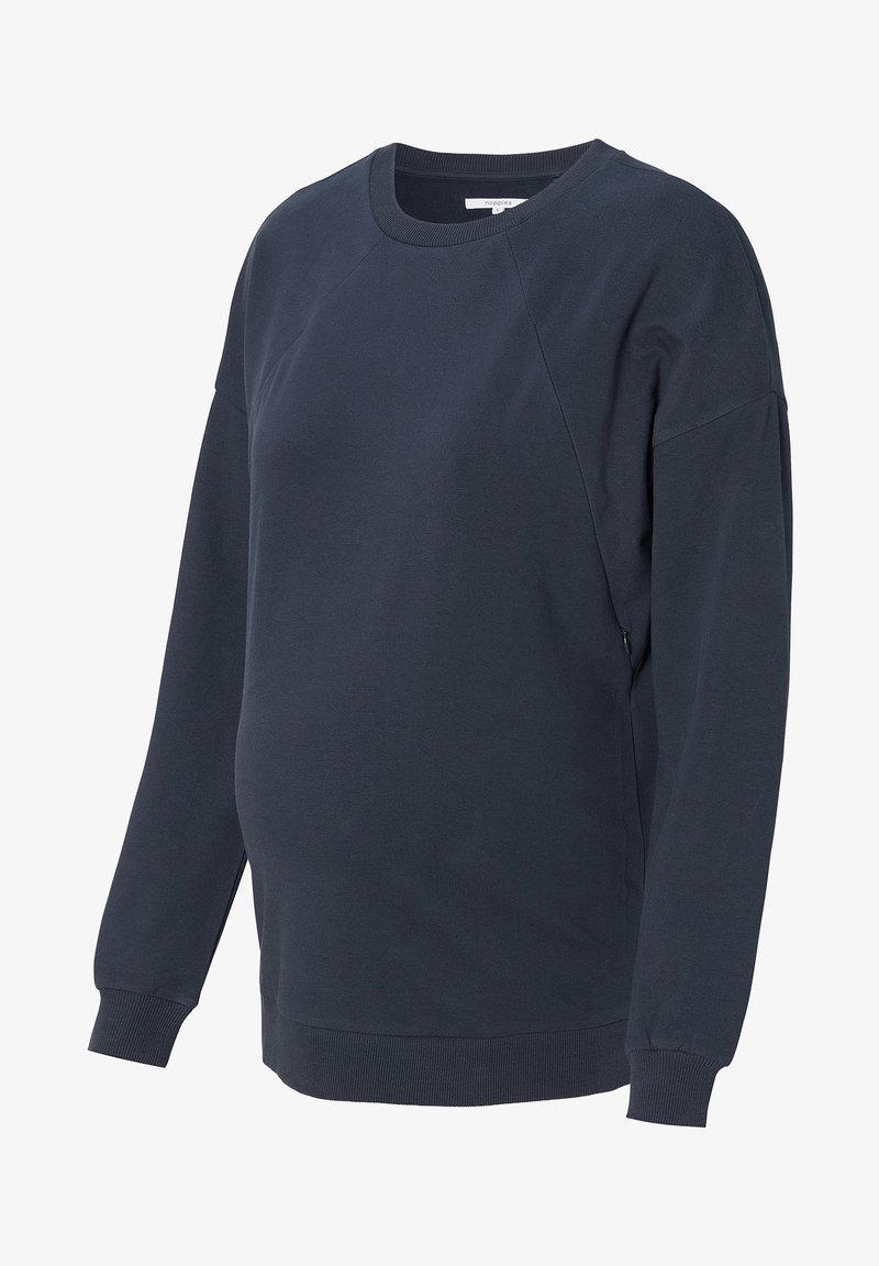 Sweat-shirt bleu marine foncé à manches longues, design raglan, poignets et ourlet côtelés, panneaux latéraux élastiques pour le confort, adapté à la maternité.