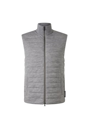 Šedá bezrukávová vesta s vysokým límcem, strukturovaný materiál, vertikální prošívání, přední zip a dvě boční kapsy.