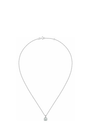 Silberne Halskette mit feiner Kette und einem quadratischen Anhänger, der ein Rautenmuster mit kleinen, klaren Steinen aufweist.