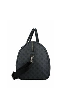 Sac à main synthétique noir avec un design rond, fermeture éclair sur le dessus et doubles poignées. Présente un motif texturé et une bandoulière détachable.
