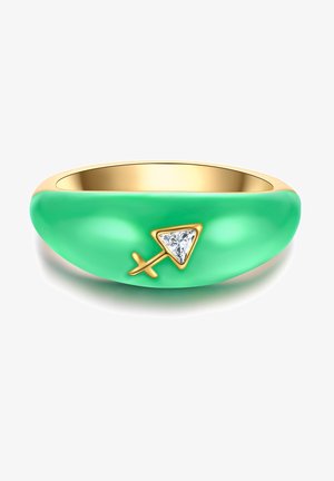 Zeleni keramični prstan z gladkim, okroglim dizajnom, ki ima trikotno zlatno dekoracijo in vložek iz diamanta. Zlata notranja band.