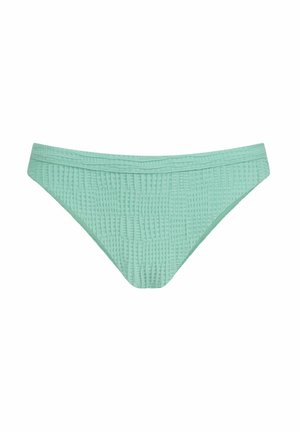 Minta zeleni bikini spodnji del z teksturirano tkanino, ki ima gladek pas in trikotno obliko. Brez vidnih vzorcev ali dodatkov.