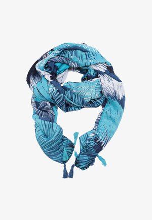 Sciarpa leggera in teal e navy, caratterizzata da un motivo a foglie botaniche. Rifinita con frange alle estremità, realizzata in tessuto morbido.