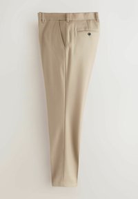 Beige maßgeschneiderte Hosen mit geradem Schnitt, mit Vorderfalten, einer Gesäßtasche mit Knopf und einem glatten Stoffstruktur.