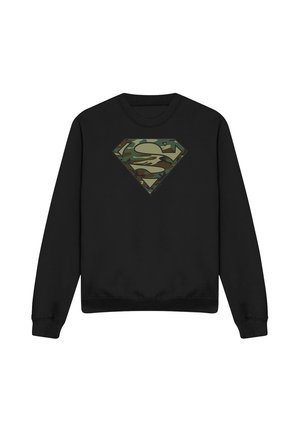 Schwarzes Sweatshirt mit langen Ärmeln und einem Superman-Logo im Camouflage-Muster, das mittig auf der Brust platziert ist.