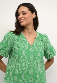 Zaļš blūze ar V-veida kakla izgriezumu, īsām pūku piedurknēm un smalku balto izšuvumu ar ziedu un ģeometriskām rakstu daļām visā virsmas.