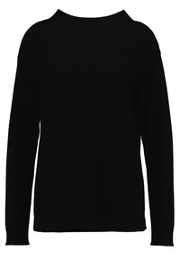 Pull en tricot noir à manches longues, décolleté large et motif texturé. Coupe droite à l'ourlet avec poignets côtelés. Sans fermetures visibles.