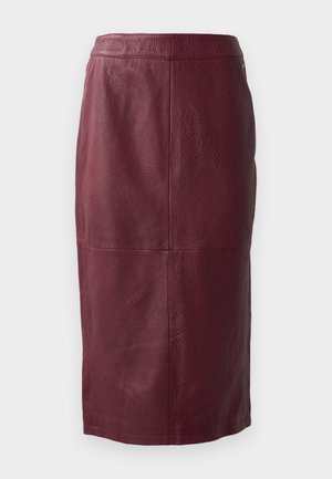 Burgundy leather pencil skirt with a smooth texture, knee-length design, and subtle stitching details. No fastenings visible.