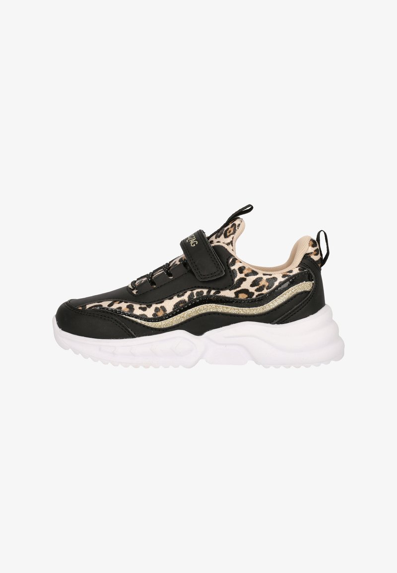 Black and leopard-print athletic shoe with a Velcro strap, white sole, metallic gold accents, and textured materials.