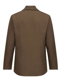 Brown long-sleeve blazer with a notched collar shown from the back, featuring a single center seam and tailored fit.