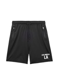 Schwarze Sportshorts mit elastischem Bund, zwei Reißverschlusstaschen und "LOS ANGELES LA" in weißer Schrift auf der unteren Vorderseite bedruckt.