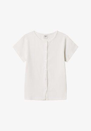 Camicia bianca a maniche corte in tessuto strutturato, con scollo rotondo, bottoni frontali e design semplice e dritto.